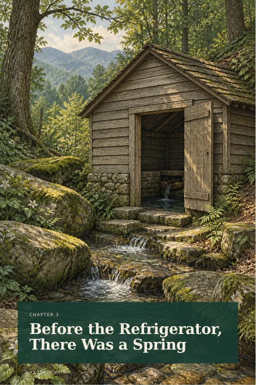 Appalachian Secrets page showing a springhouse in a wooded landscape and the opening of chapter three